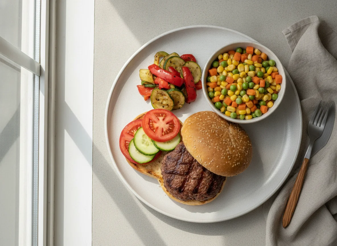 Hamburguesa con ensalada mixta y guarnición de vegetales photo