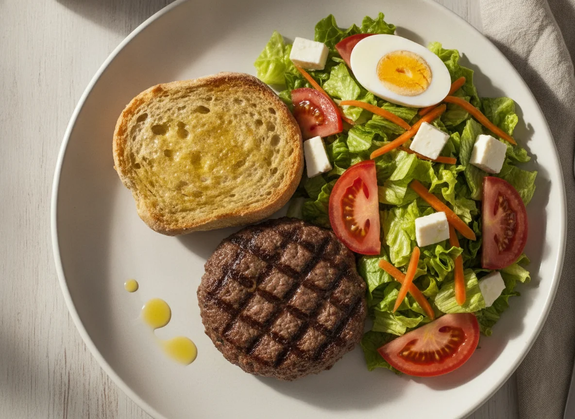 Hamburguesa con ensalada mixta y huevo photo