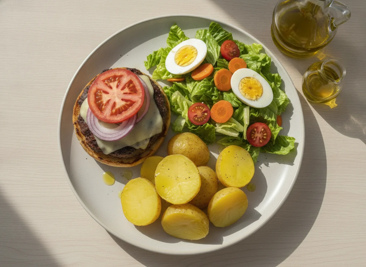 Hamburguesa con ensalada mixta y patatas cocidas photo