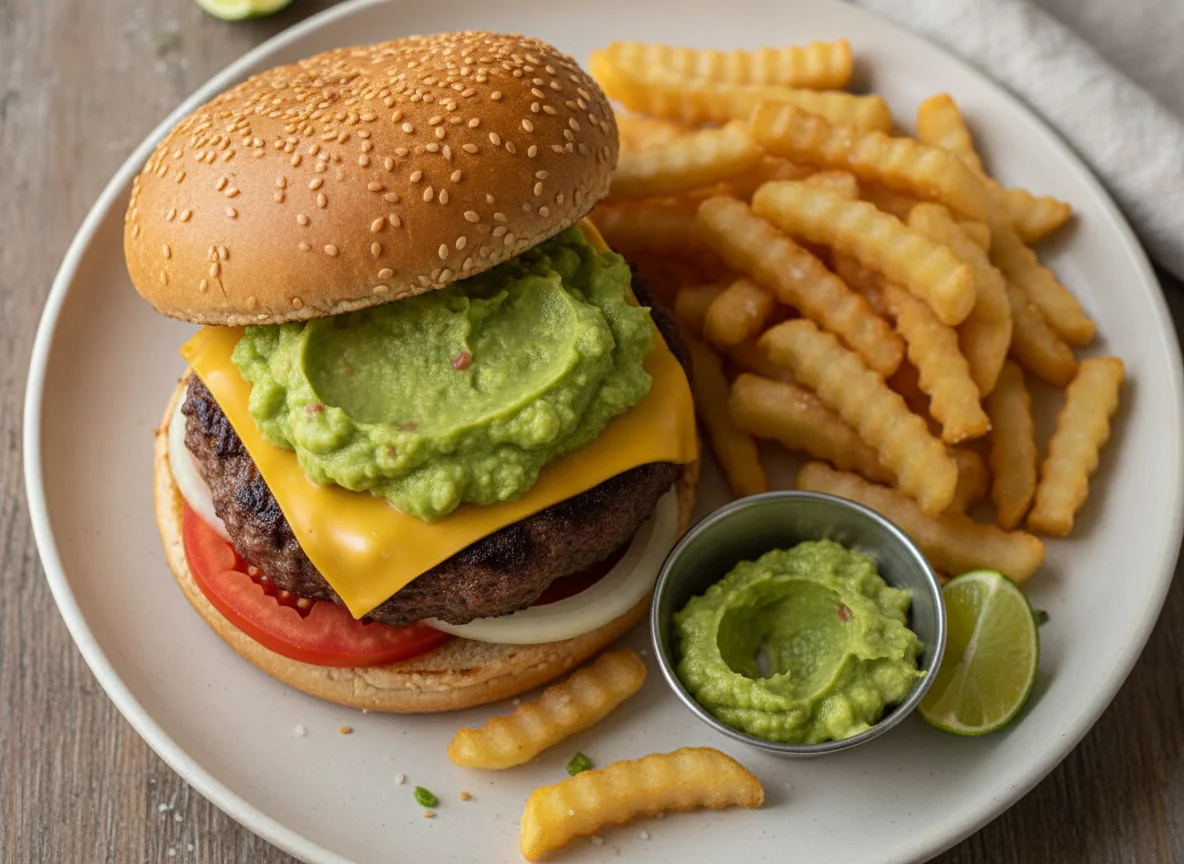 Hamburguesa con guacamole y papas fritas photo