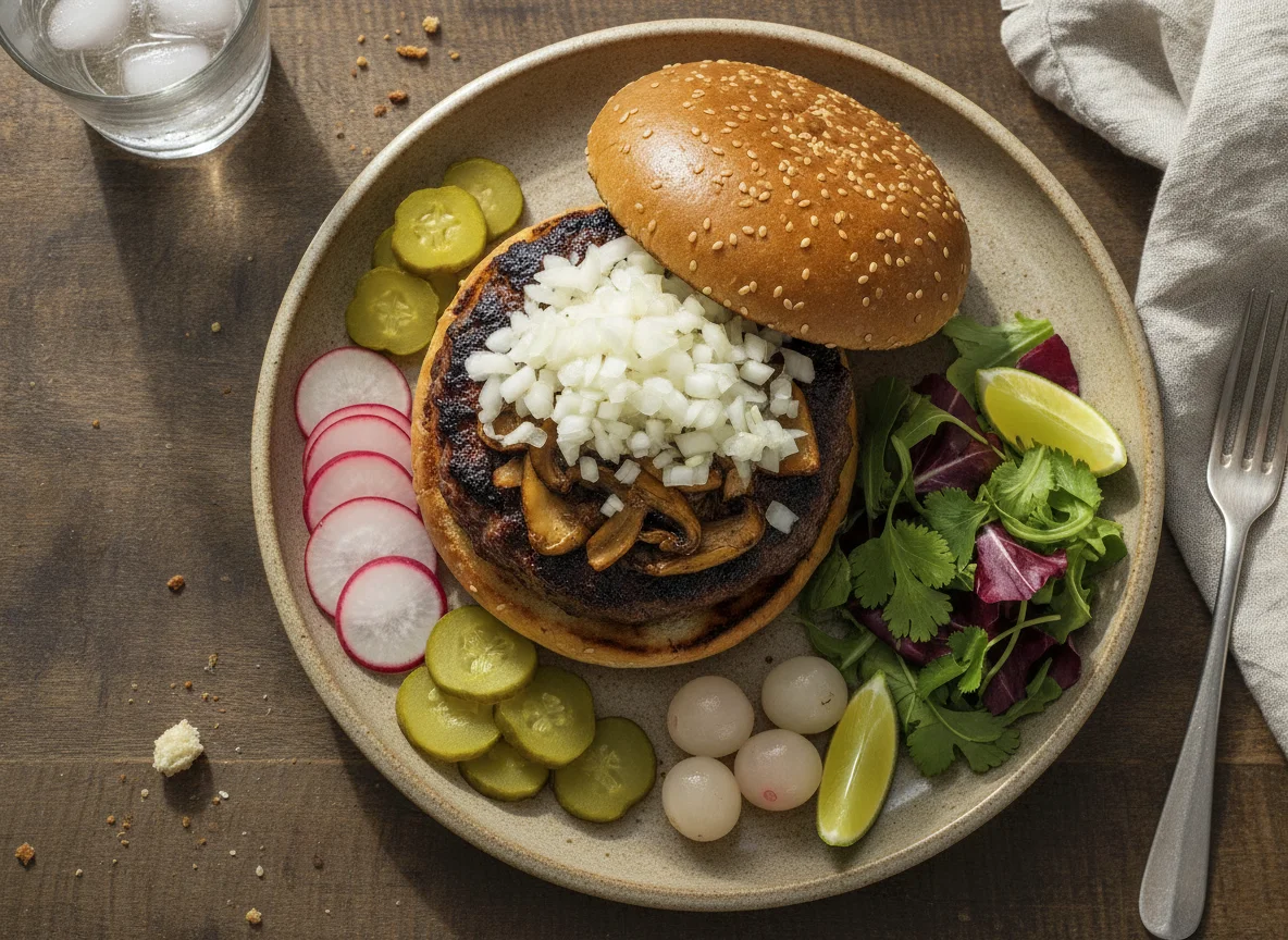 Hamburguesa con guarnición de verduras y encurtidos photo