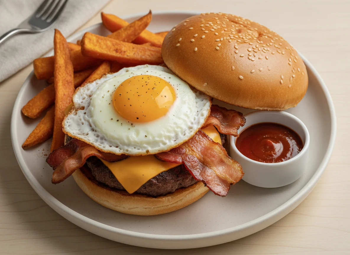 Hamburguesa con huevo frito y boniato frito photo