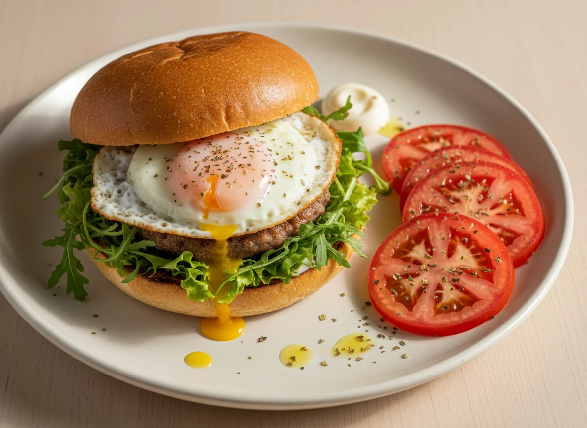 Hamburguesa con huevo frito y ensalada de tomate photo