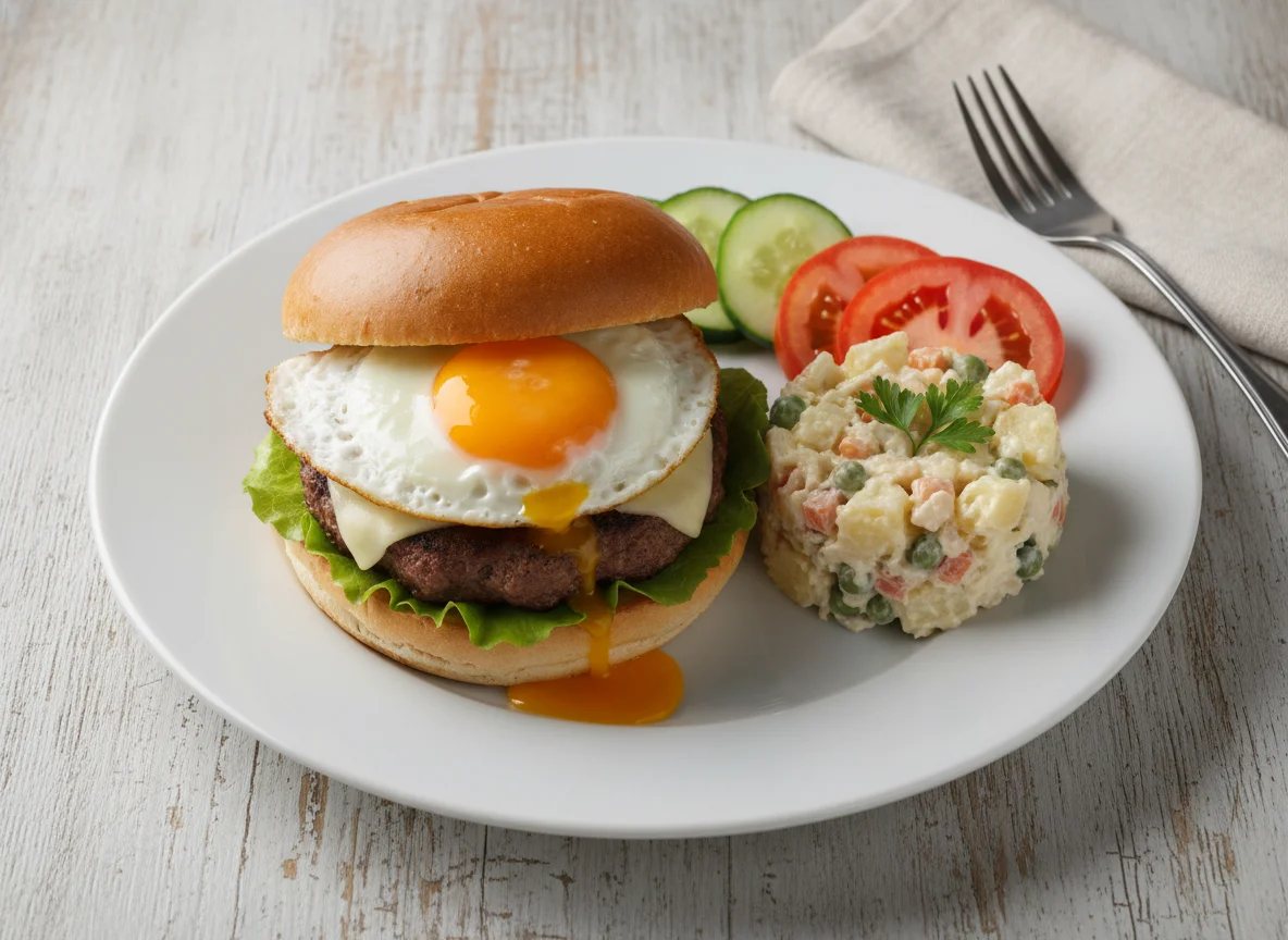 Hamburguesa con huevo frito y ensaladilla rusa photo