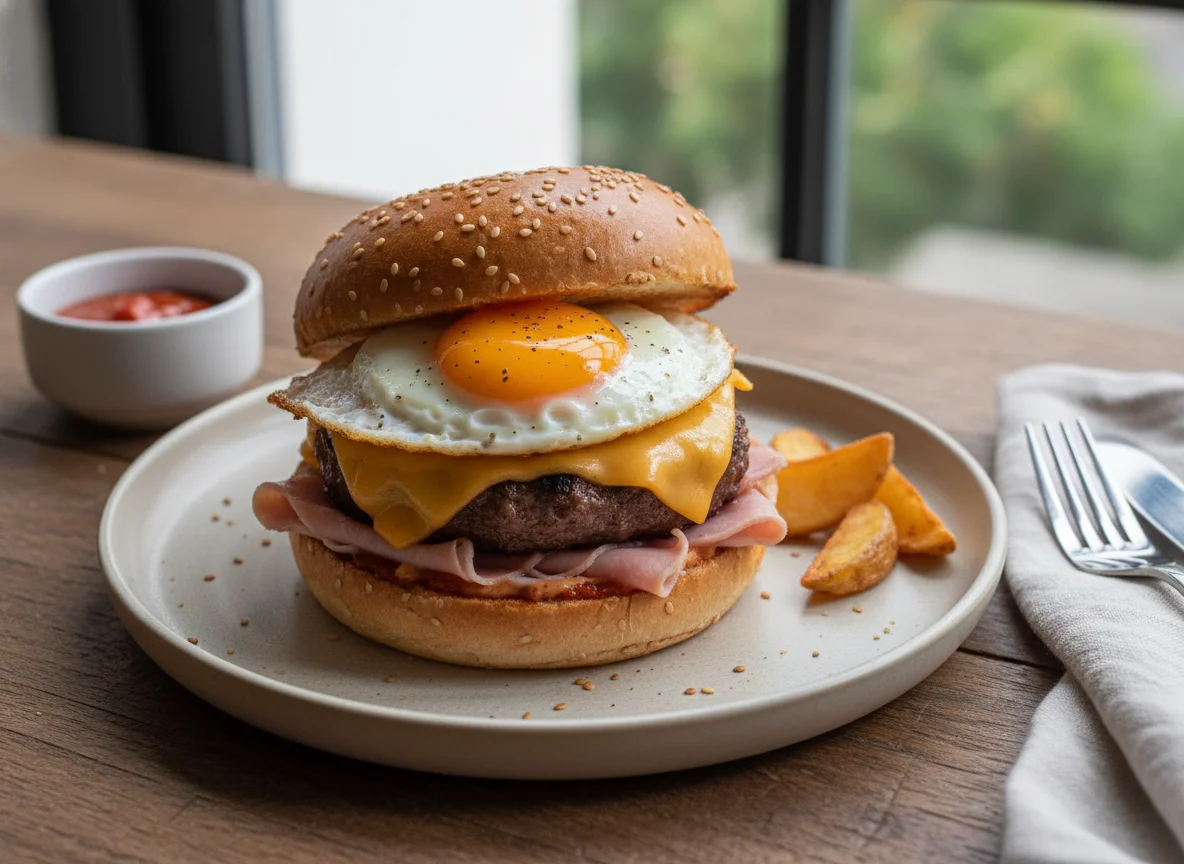 Hamburguesa con huevo, queso y jamón photo