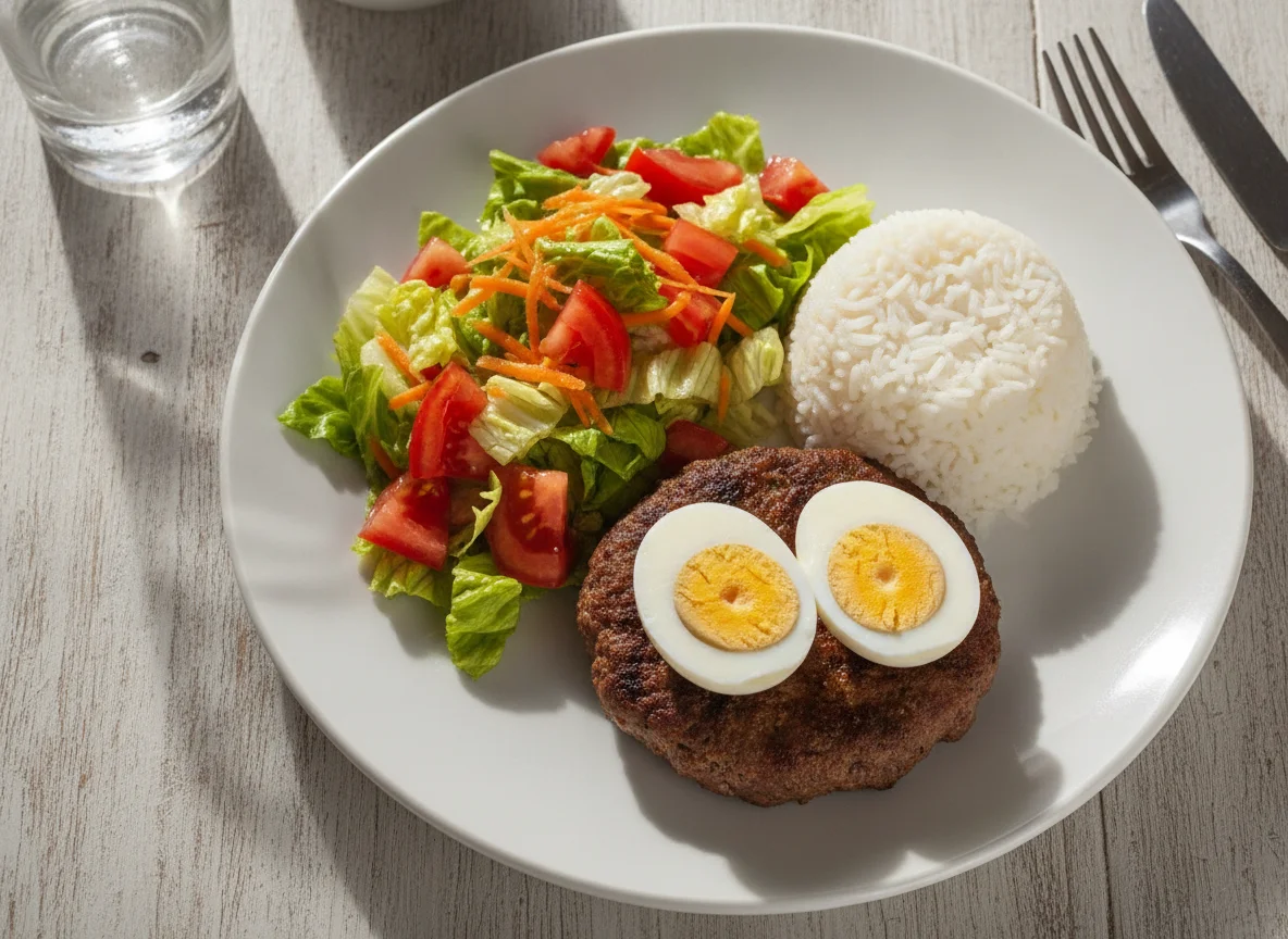 Hamburguesa con huevos duros, arroz y ensalada photo