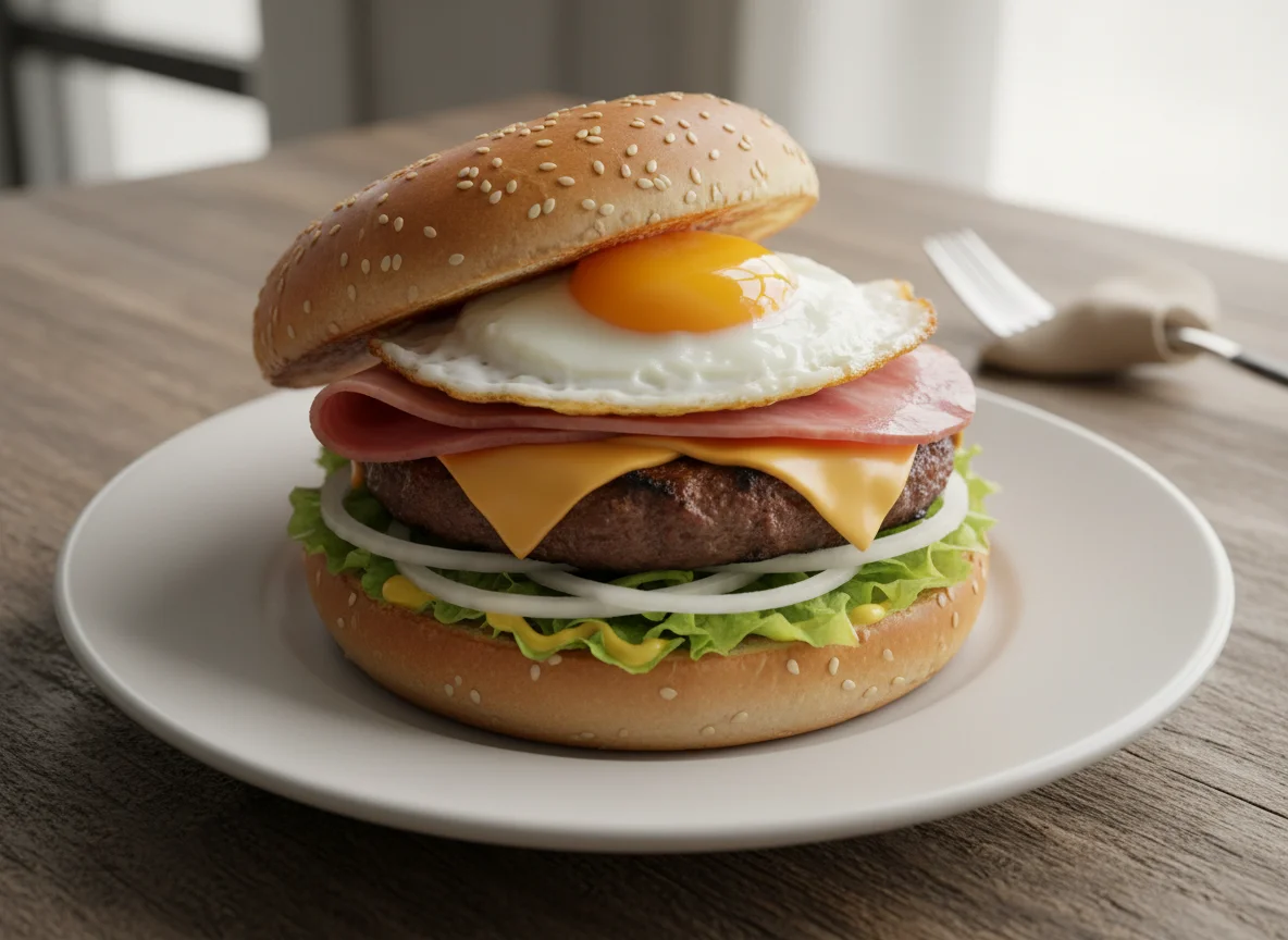 Hamburguesa con lechuga, cebolla, queso, jamón y huevo photo
