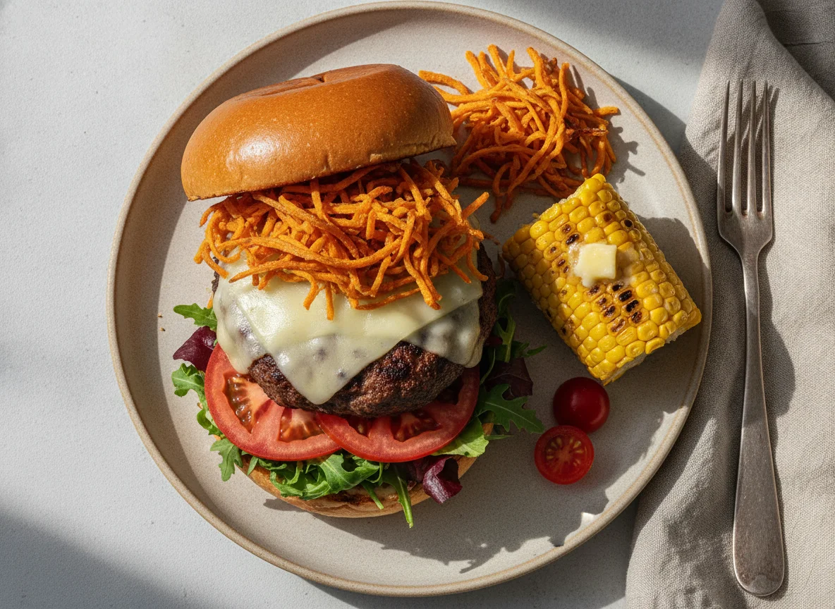 Hamburguesa con mazorca de maíz y boniato photo