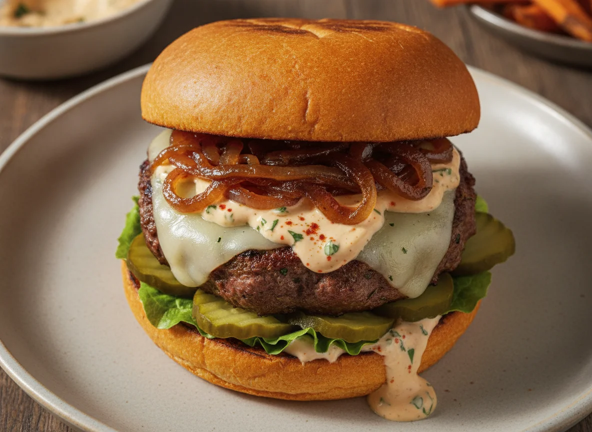 Hamburguesa con pan de calabaza o boniato y cebolla caramelizada photo