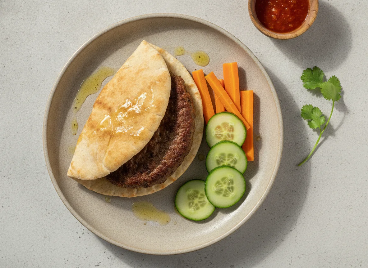 Hamburguesa con pan de pita, zanahorias y pepino photo