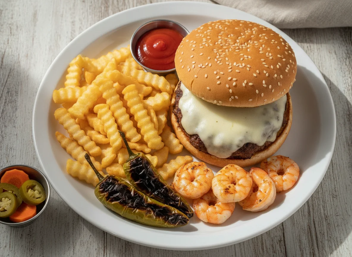 Hamburguesa con papas fritas, camarones y chile toreado photo