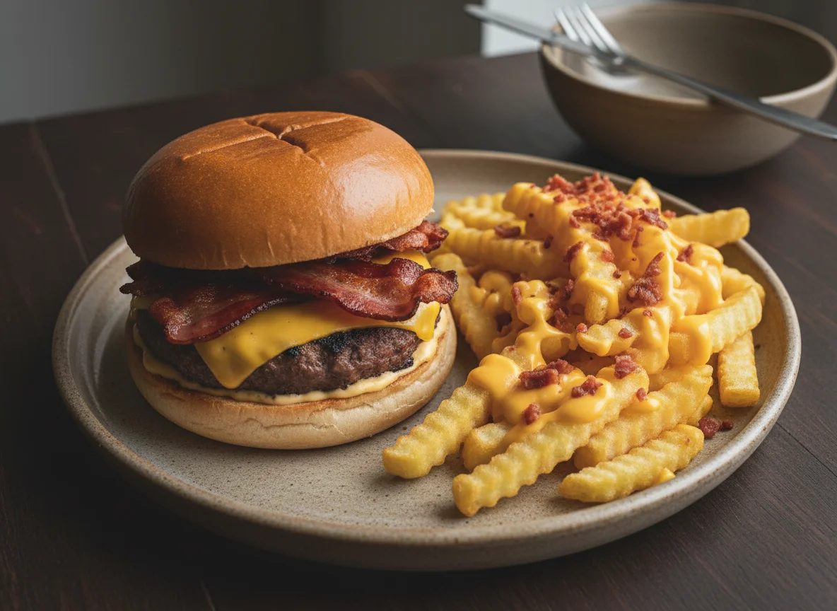 Hamburguesa con papas fritas con queso y panceta photo