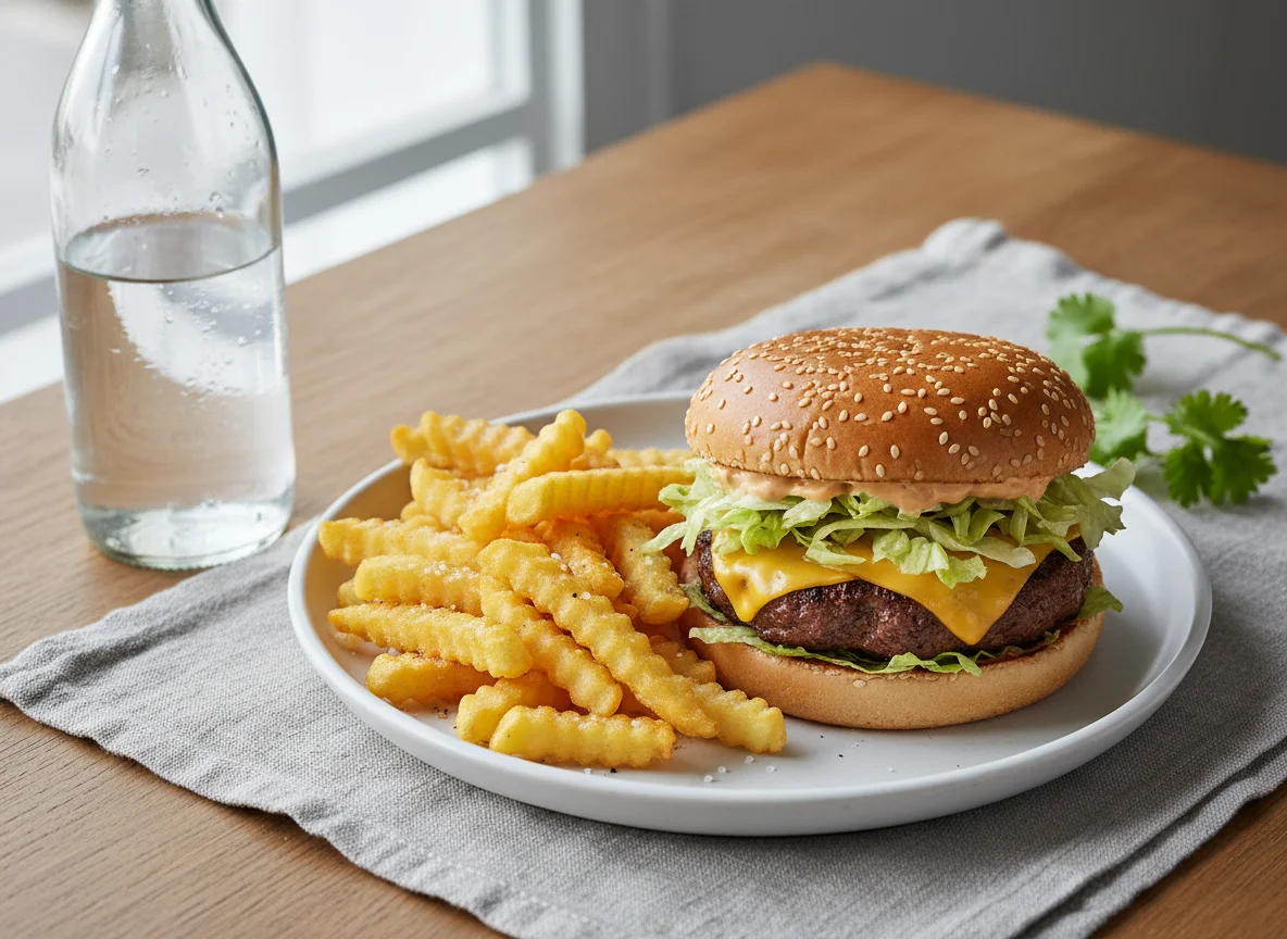 Hamburguesa con papas fritas y agua photo
