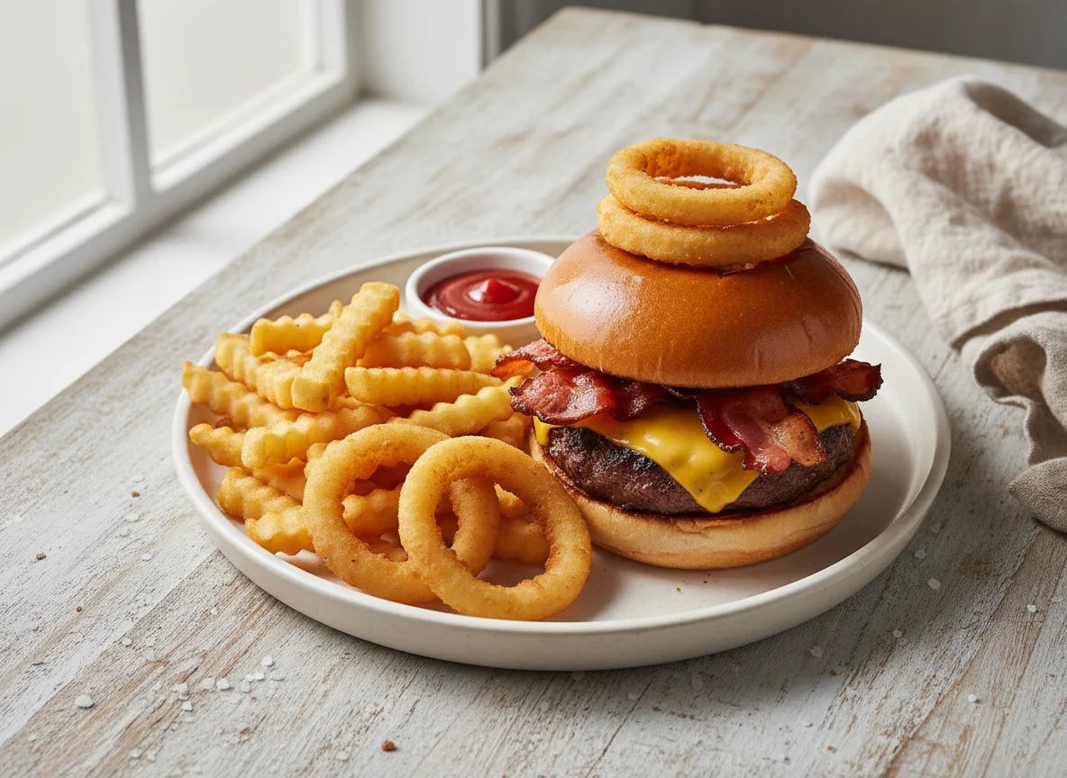 Hamburguesa con papas fritas y aros de cebolla photo