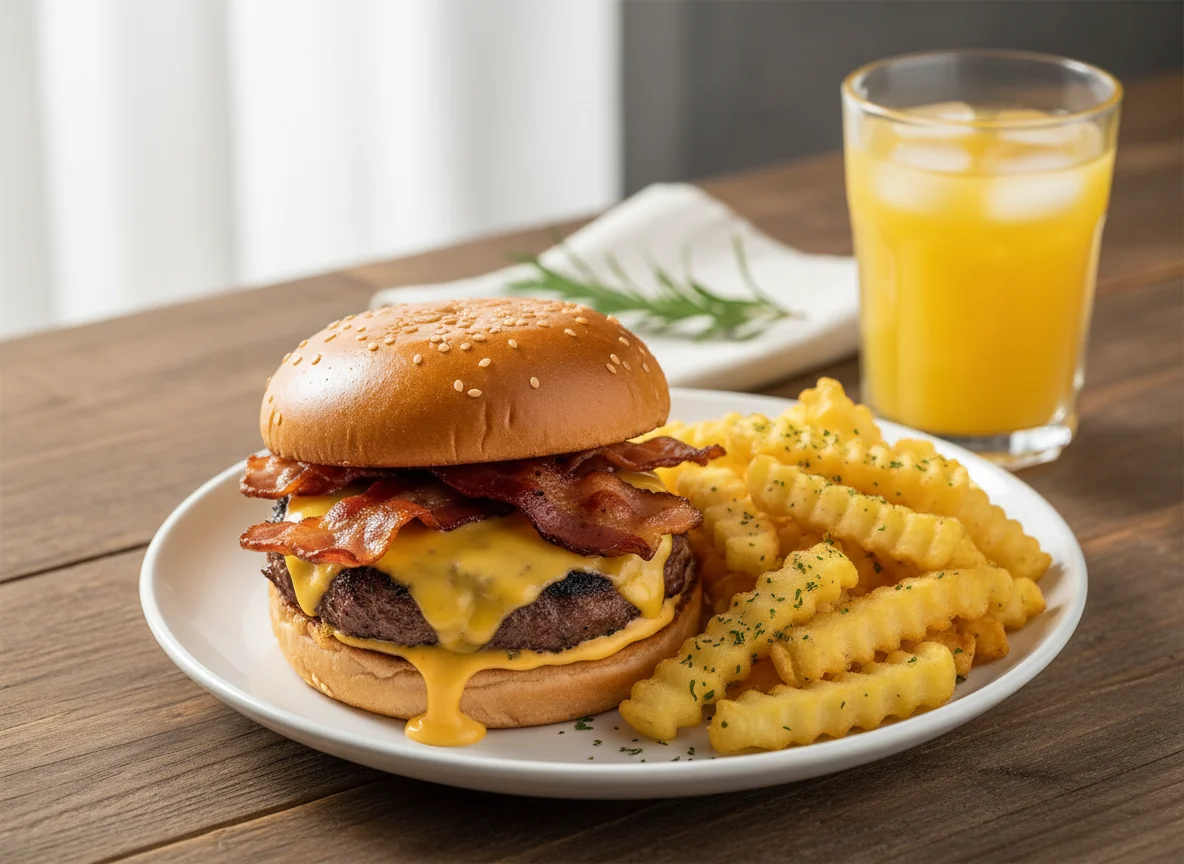 Hamburguesa con papas fritas y bebida photo