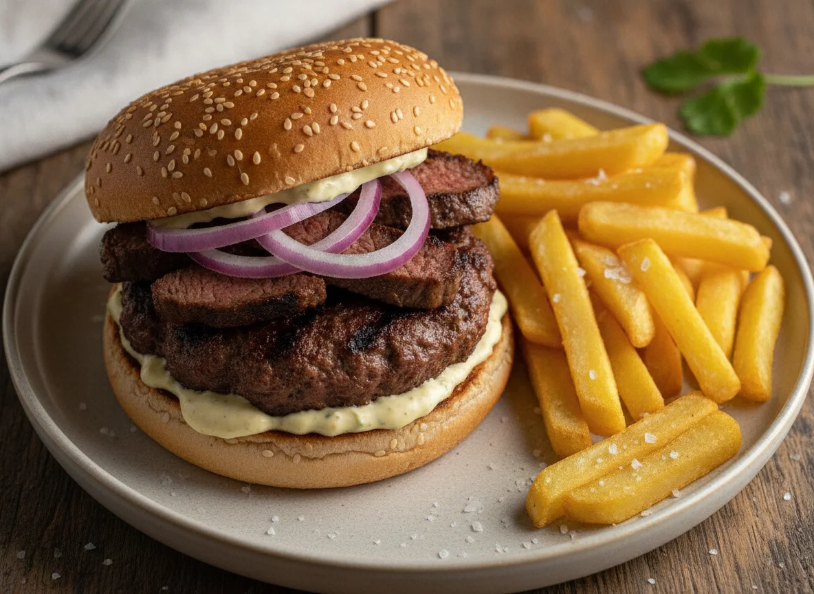 Hamburguesa con papas fritas y carne a la parrilla photo
