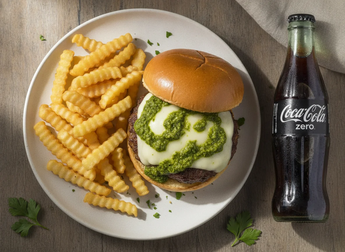 Hamburguesa con papas fritas y Coca-Cola Zero photo