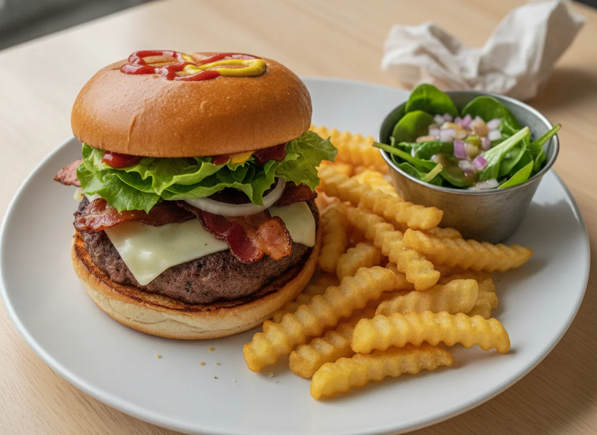 Hamburguesa con papas fritas y ensalada photo