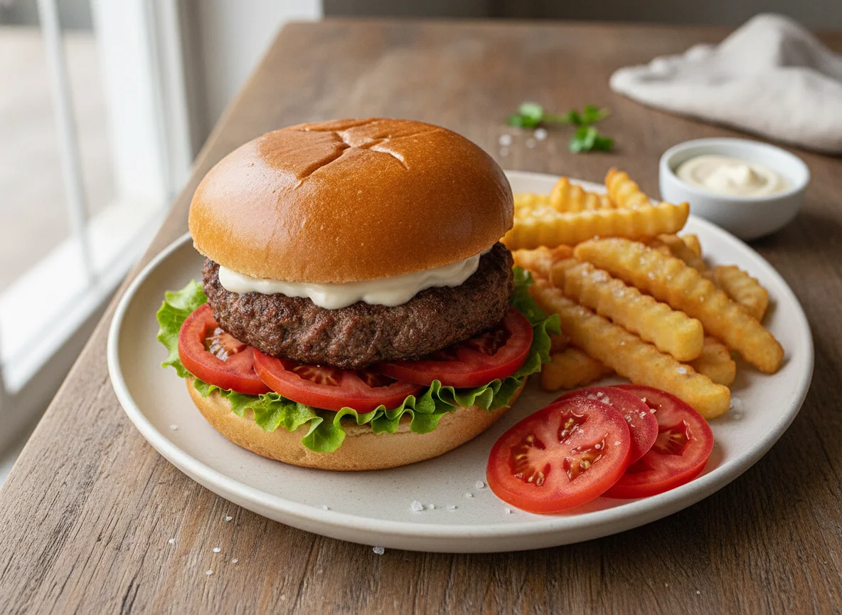 Hamburguesa con papas fritas y jitomate photo