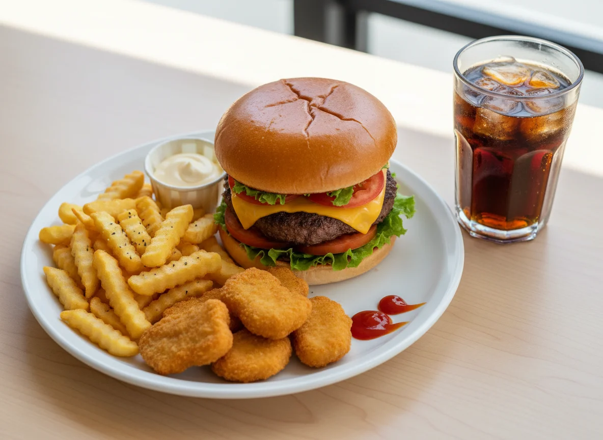 Hamburguesa con papas fritas y nuggets photo