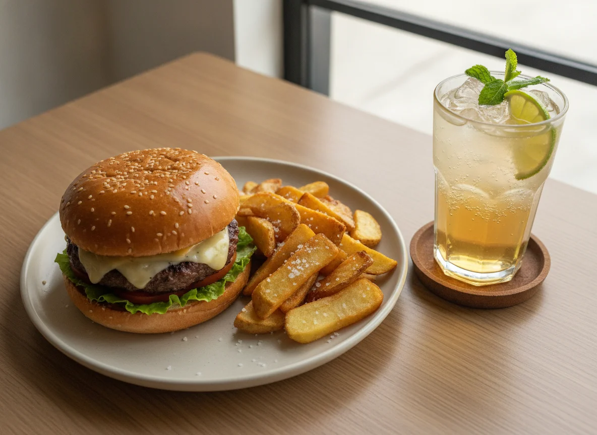 Hamburguesa con papas fritas y refresco natural photo