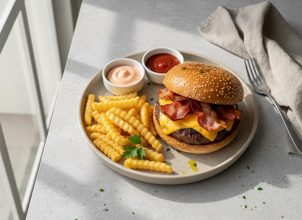 Hamburguesa con papas fritas y salsas photo