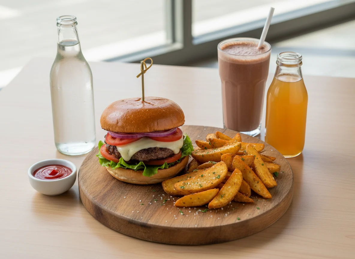 Hamburguesa con papas gajo y bebidas photo