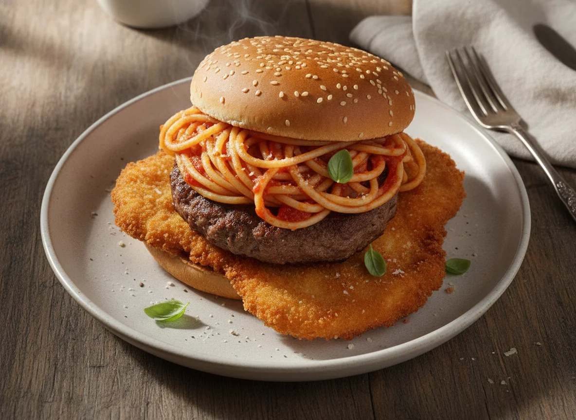 Hamburguesa con pasta y milanesa photo