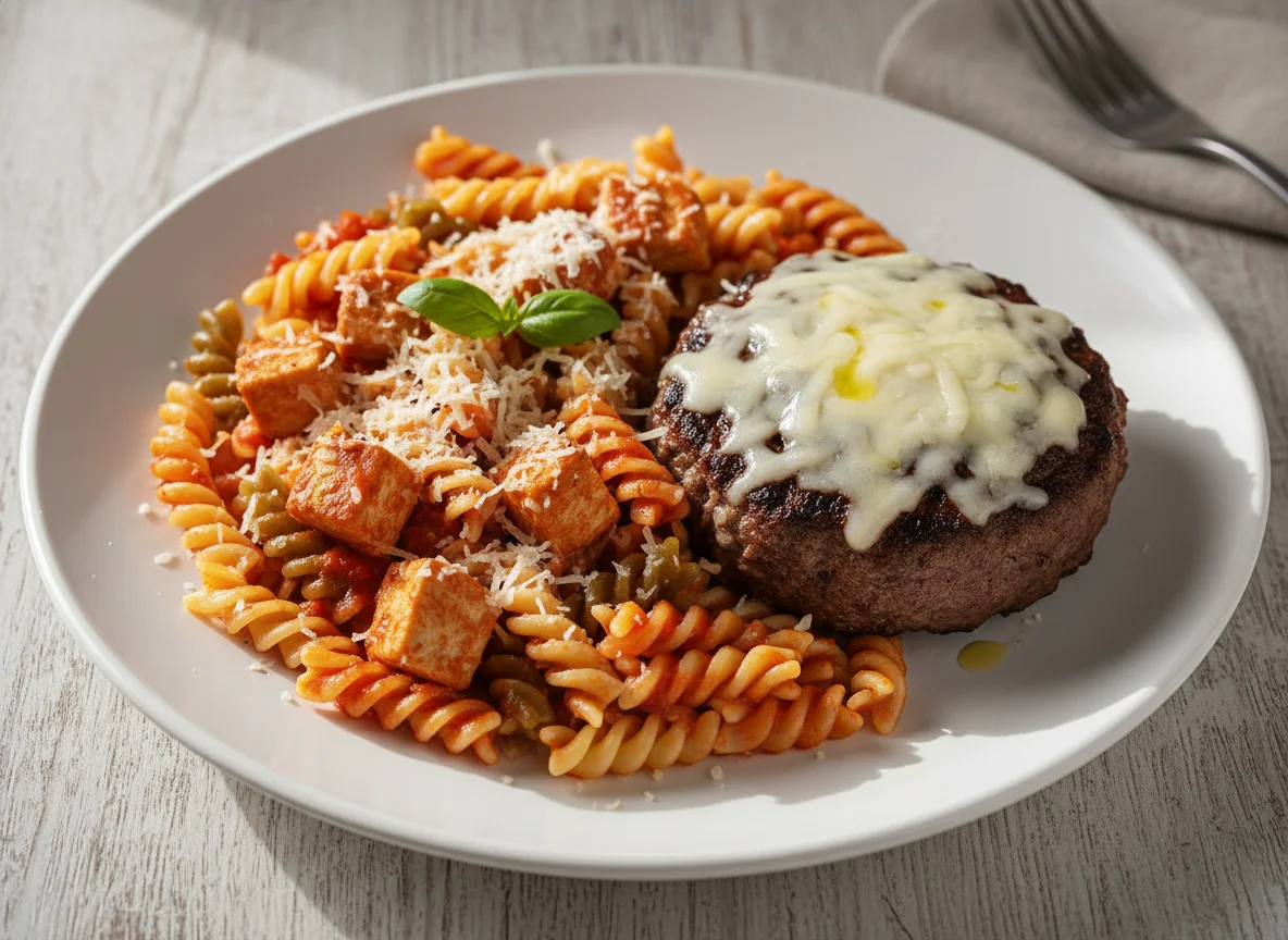 Hamburguesa con pasta y pollo photo