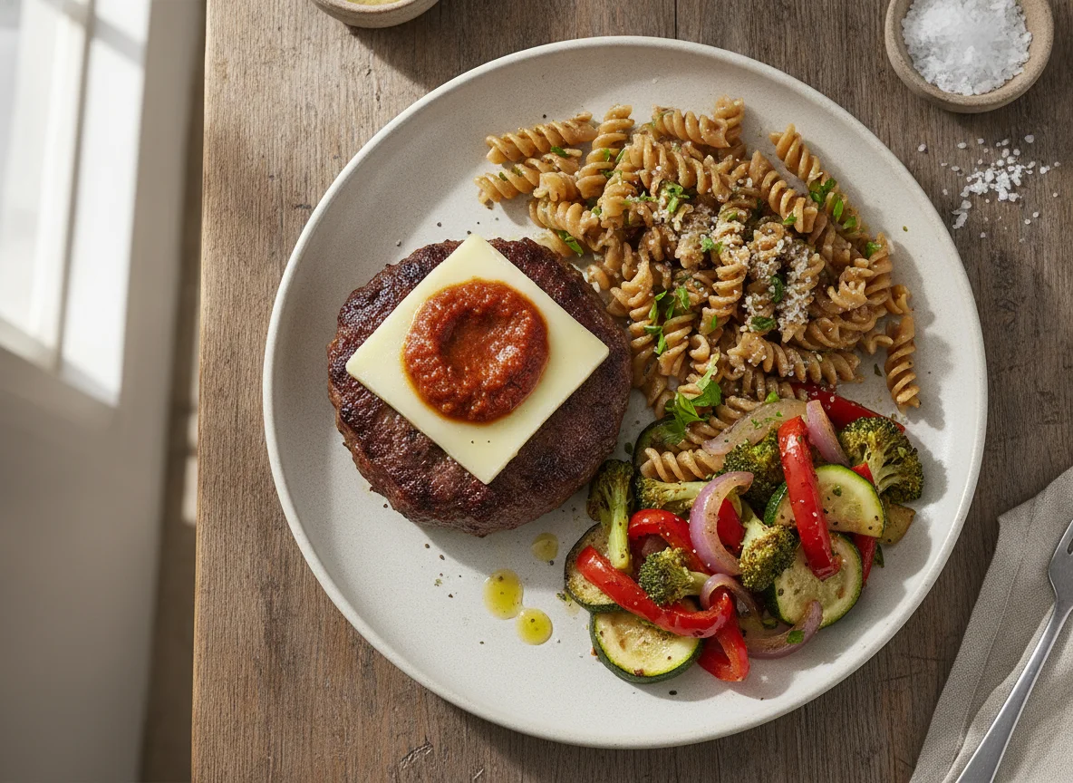 Hamburguesa con pasta y salteado de verduras photo