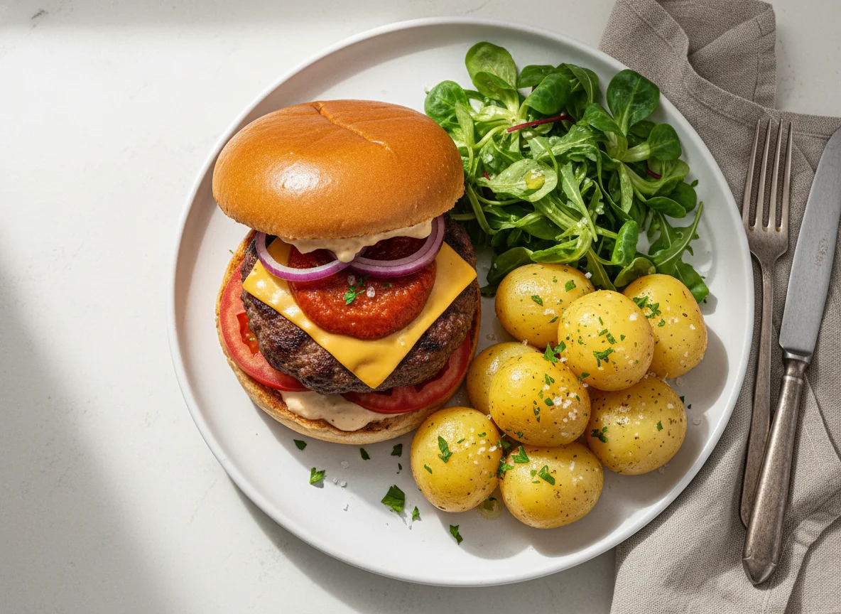 Hamburguesa con patatas cocidas y ensalada photo