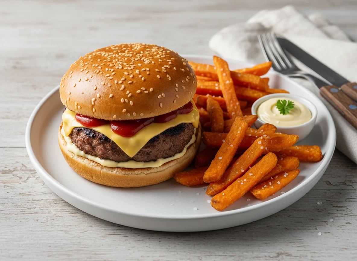 Hamburguesa con patatas fritas de boniato y mayonesa photo