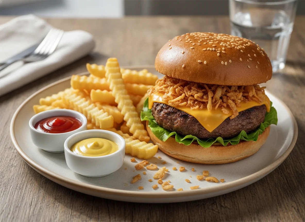 Hamburguesa con patatas fritas y cebolla crujiente photo