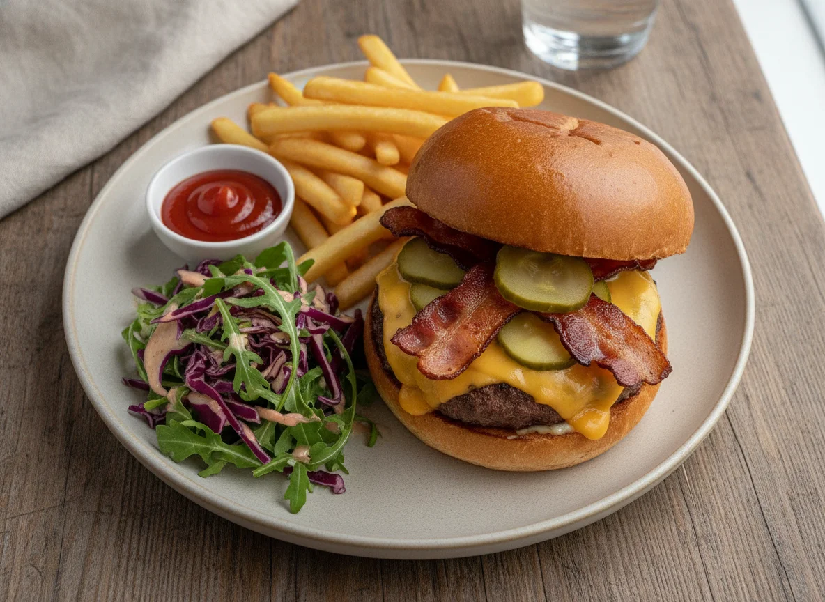 Hamburguesa con patatas fritas y ensalada de col photo