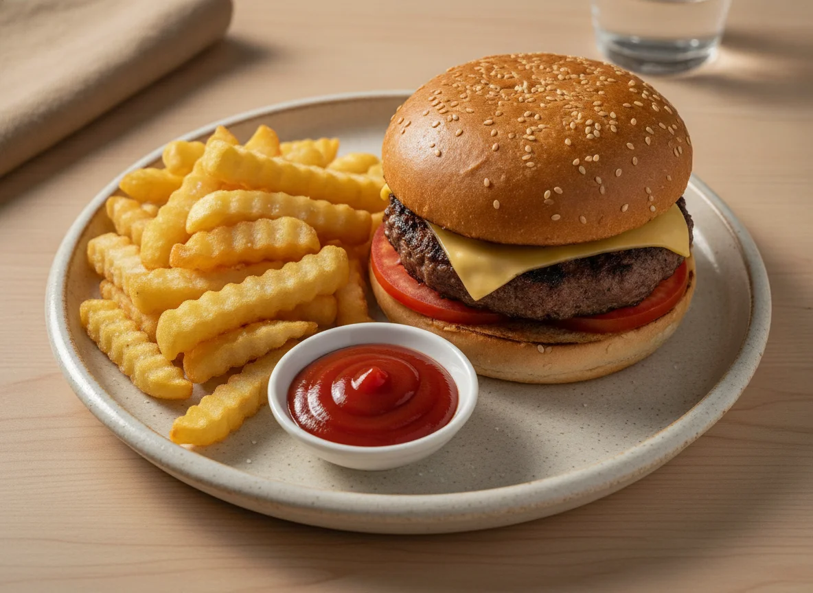 Hamburguesa con patatas fritas y kétchup photo