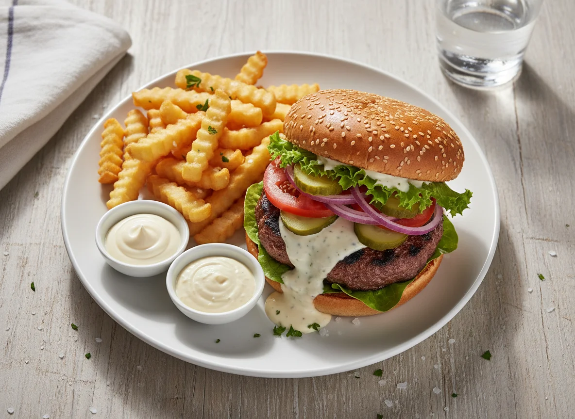 Hamburguesa con patatas fritas y mayonesa photo
