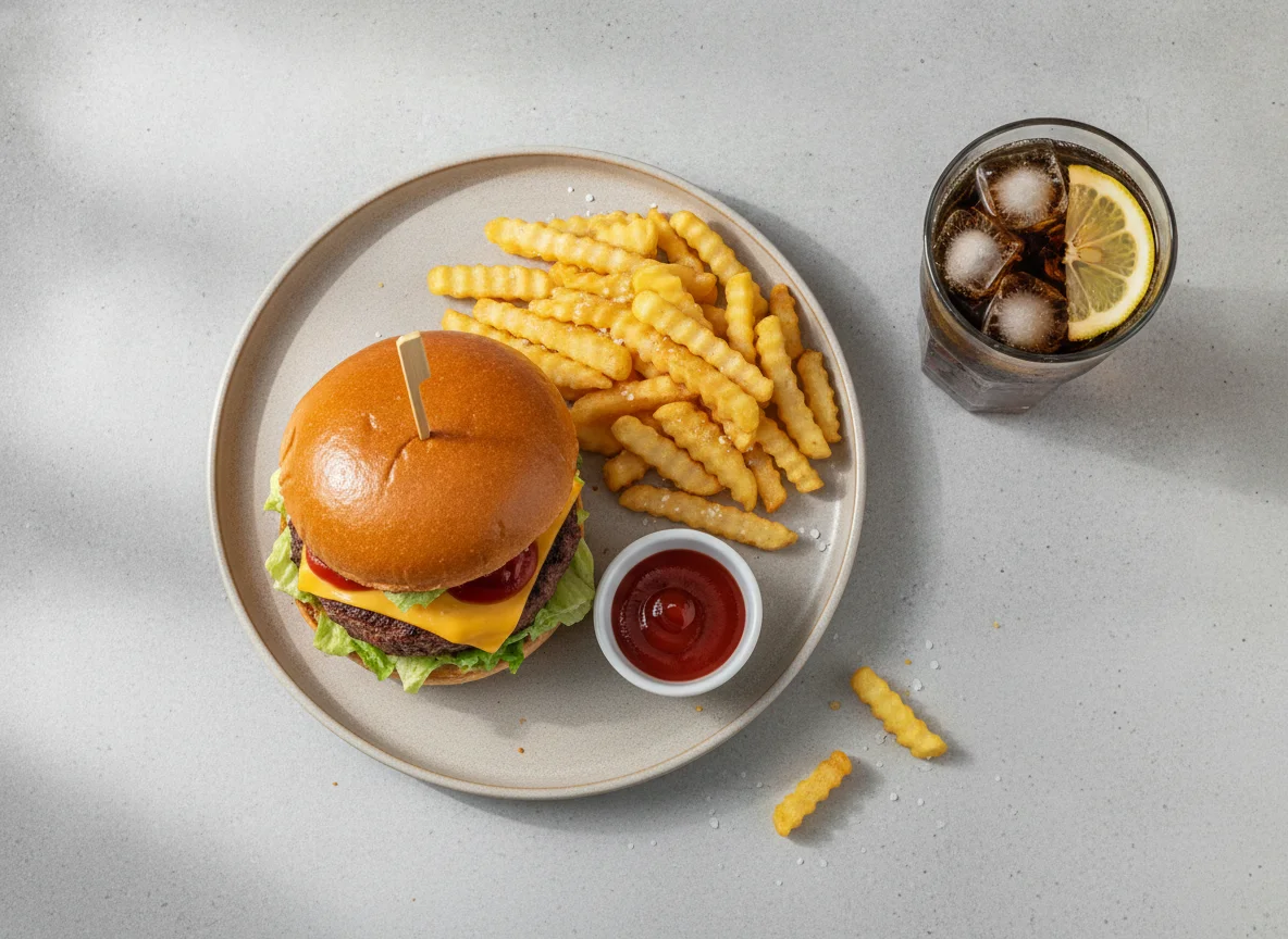 Hamburguesa con patatas fritas y refresco de cola photo