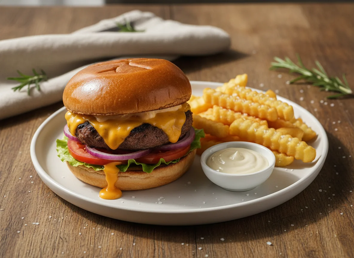 Hamburguesa con patatas fritas y salsa photo