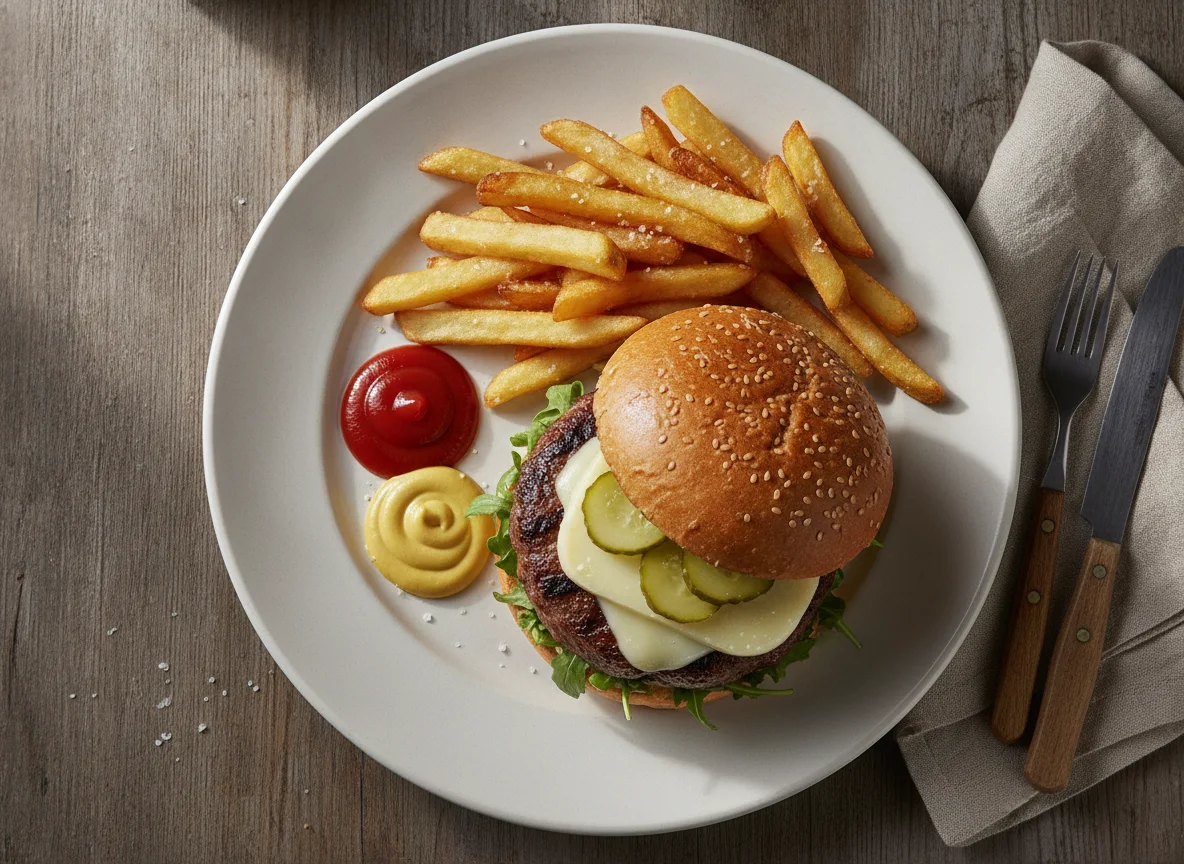 Hamburguesa con patatas fritas y salsas photo