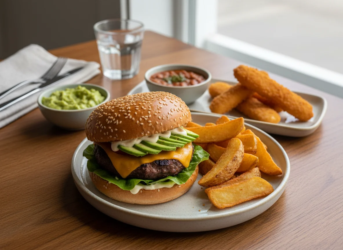 Hamburguesa con patatas gajo y entrantes photo