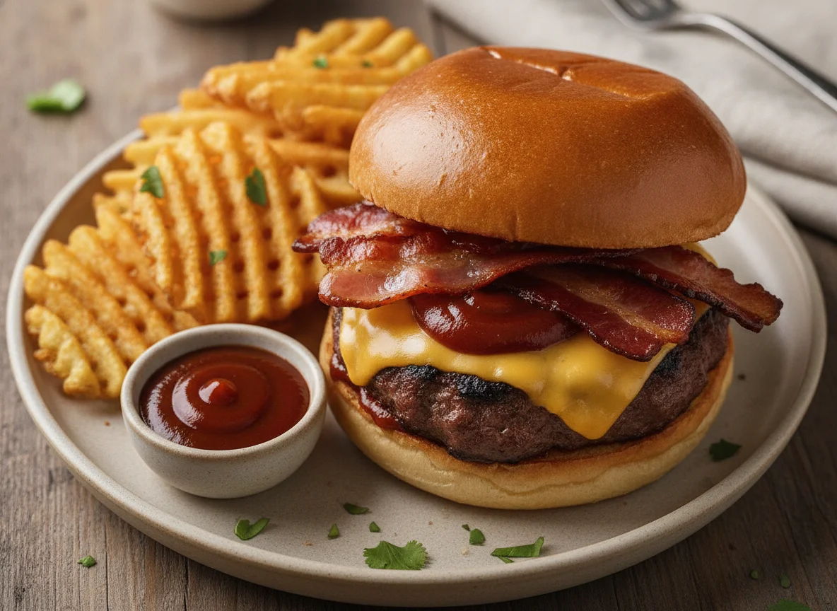 Hamburguesa con patatas waffle y salsa photo