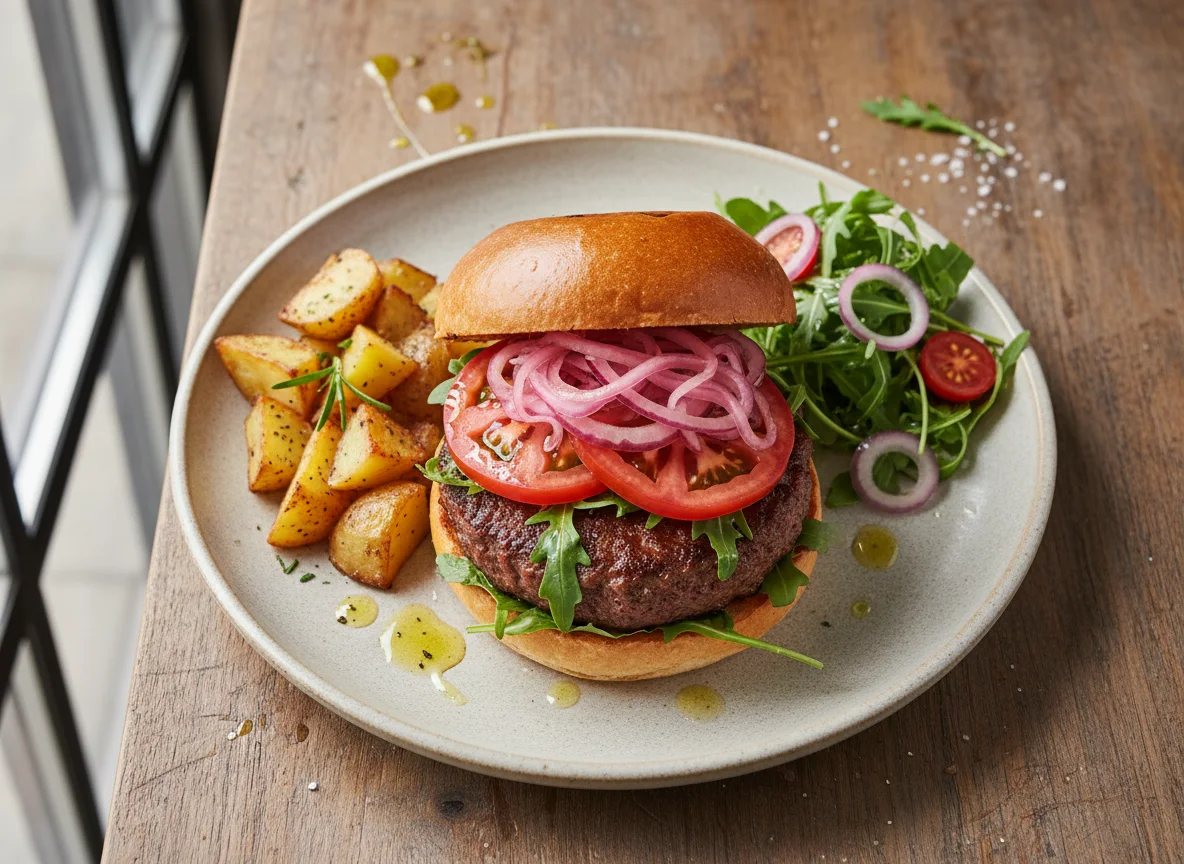 Hamburguesa con patatas y ensalada photo