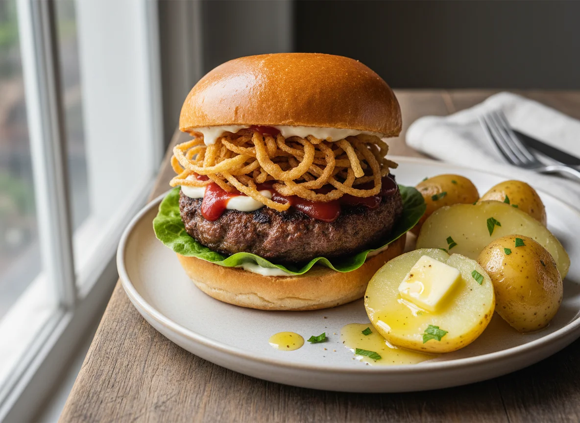 Hamburguesa con patatas y mantequilla photo