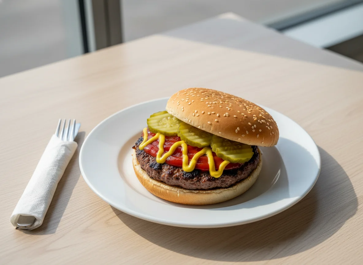 Hamburguesa con pepinillo y salsas photo