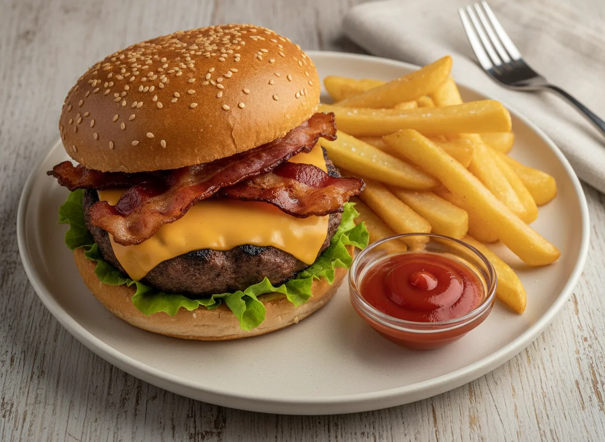 Hamburguesa con queso, bacon y patatas fritas photo