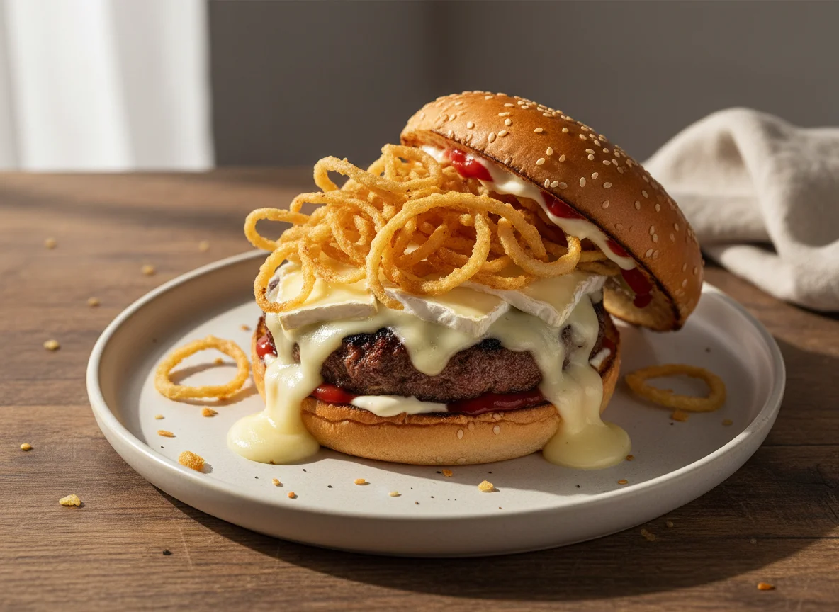 Hamburguesa con queso brie y cebolla crujiente photo
