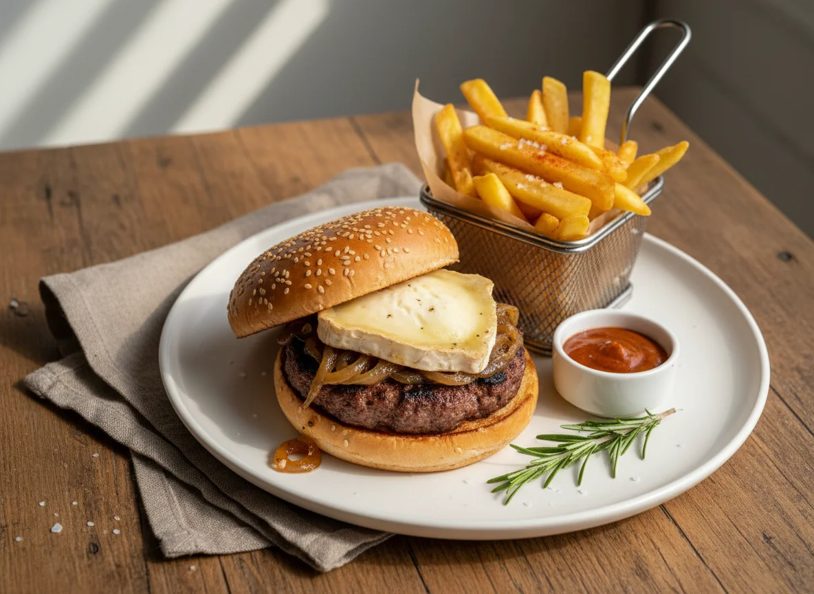 Hamburguesa con queso de cabra y patatas fritas photo