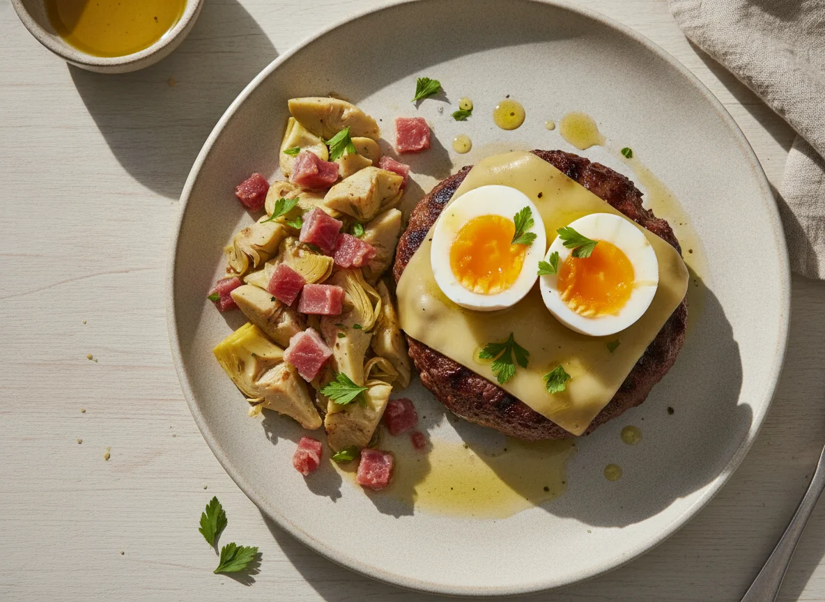 Hamburguesa con queso, huevo cocido y alcachofas con jamón photo