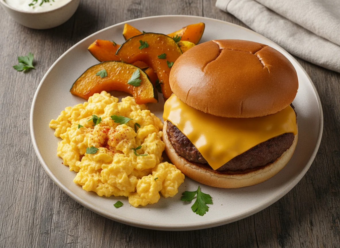 Hamburguesa con queso, huevos revueltos y zapallo asado photo