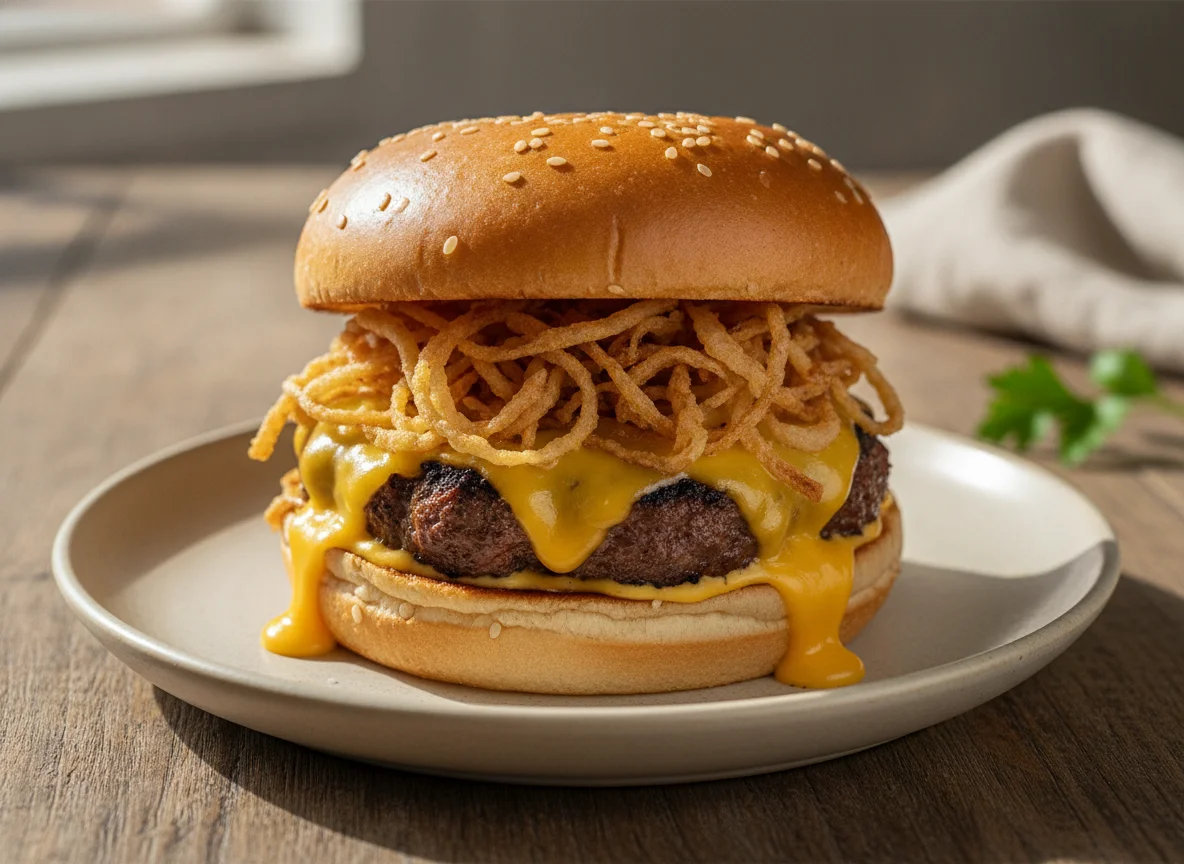 Hamburguesa con queso y cebolla frita photo